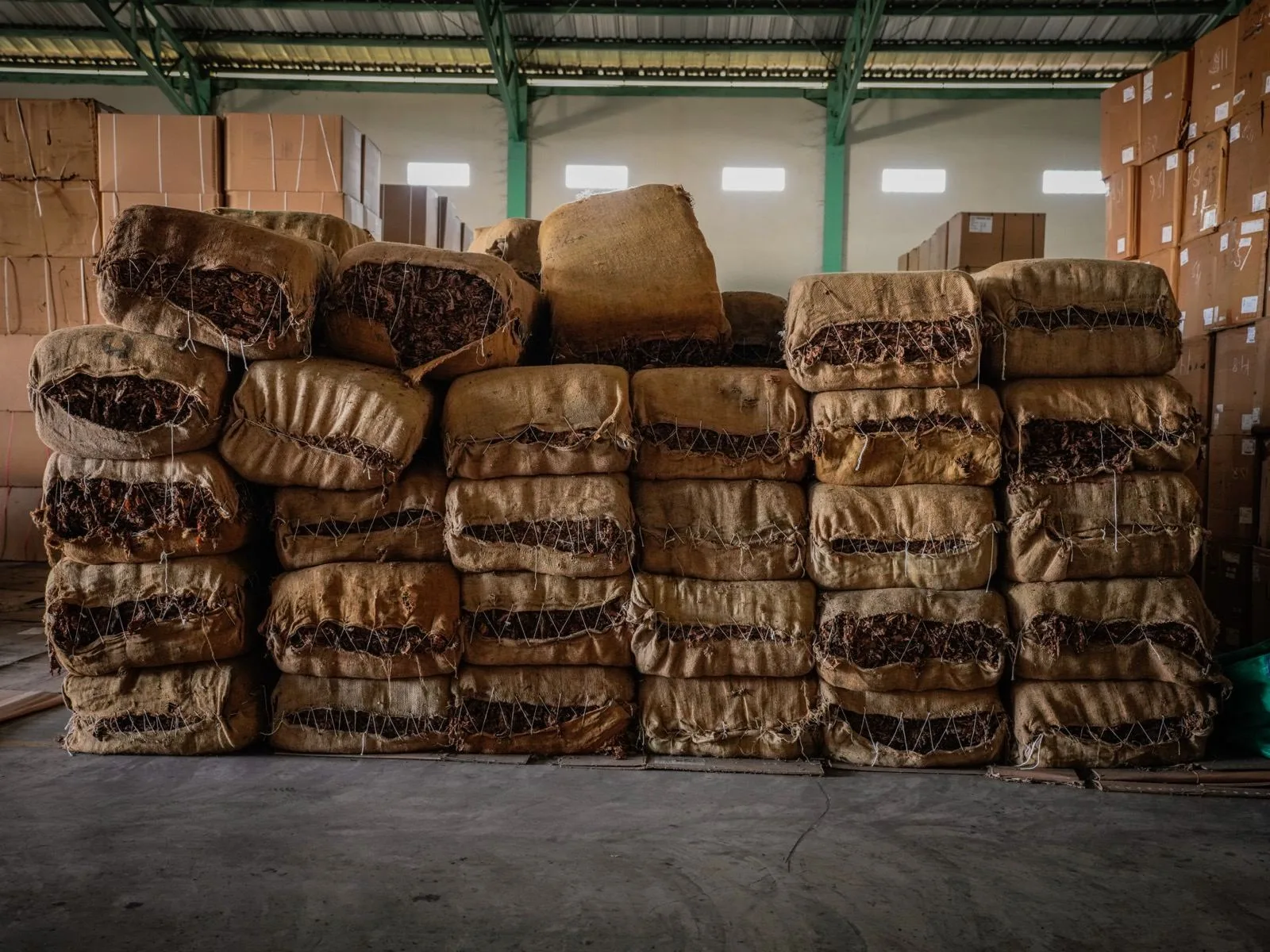Tobacco sacks stored in the warehouse